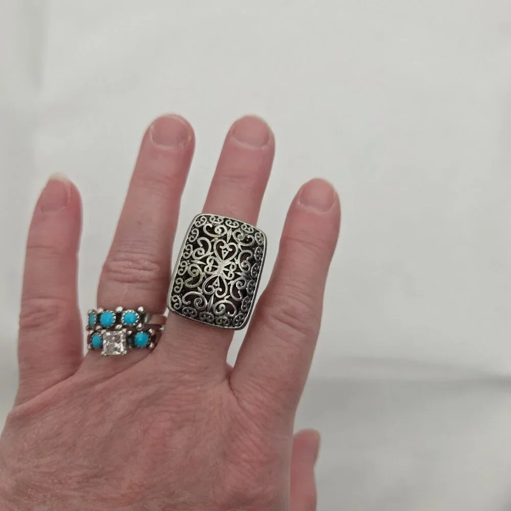 Set of 2 Vintage Silver-Tone Statement Rings - Boho Filigree & Floral